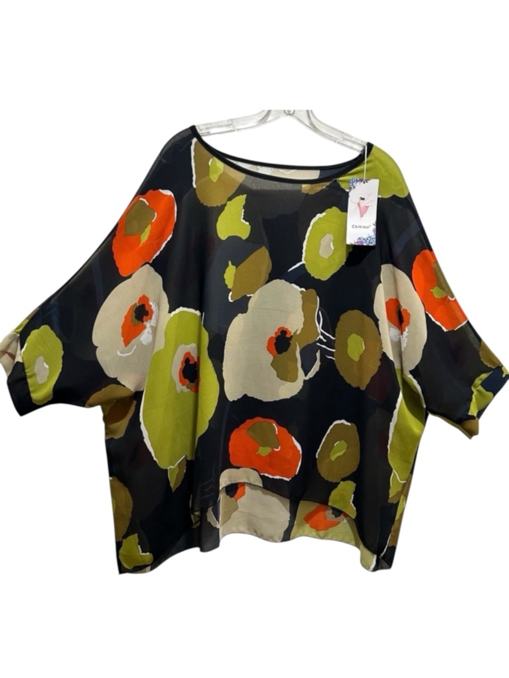 New Ckikiou Black, Green, Orange Semi-Sheer Floral Top Dolman Sleeves - One Size
